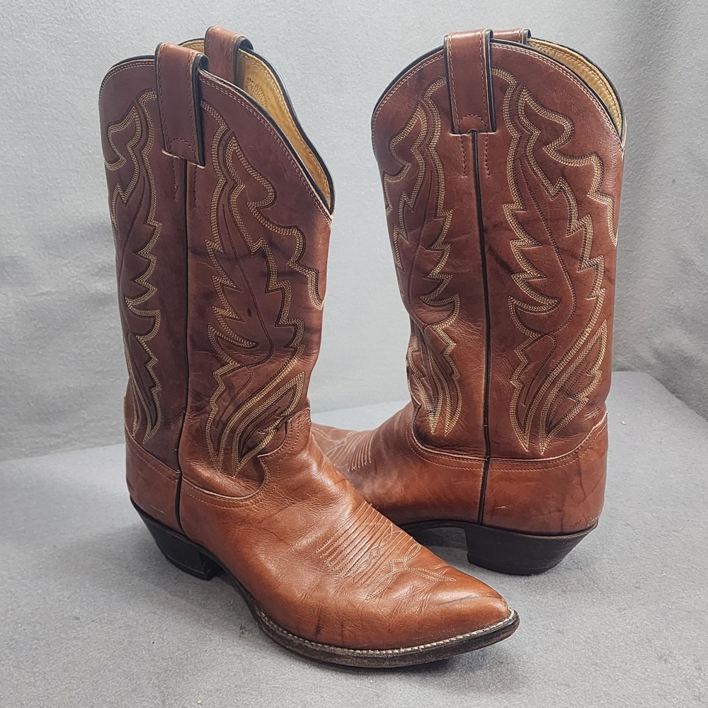 Justin Cowboy Boots Tan Leather Western Stitching Pointed Toe Mens 9 D 1966